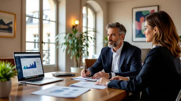 Mains de conseillers pointant un graphique ESG lors dune consultation ISR dans un bureau financier à Nantes