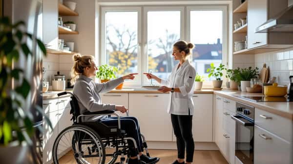 Suomalainen nainen pyörätuolissa osoittaa kaappiin Espoon asunnossa, henkilökohtainen avustaja valmiina auttamaan