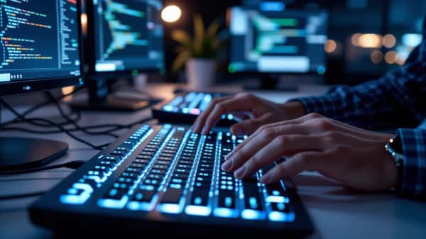 Digital forensics analyst typing case notes in a cybercrime investigation lab, cold screen glow illuminating keyboard and hands