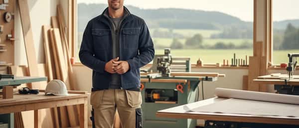 Norsk huseier som hilser på en håndverker utenfor et trehus i et norsk nabolag