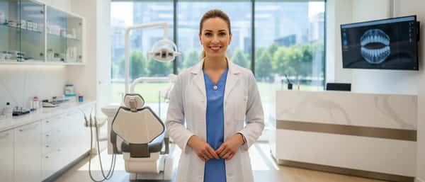 British orthodontist examining a teenager's teeth with dental braces in a modern clinic