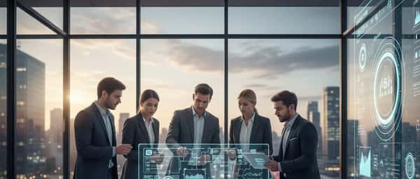 Geschäftsmann prüft IT-Dienstleister-Angebote an seinem Schreibtisch mit Netzwerk-Dashboards auf den Bildschirmen