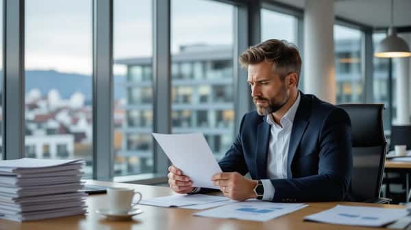 Österreichischer Manager in einem modernen Grazer Büro hält ein formelles Kündigungsschreiben in Händen, konzentrierter Blick, Arbeitsdokumente auf dem Tisch