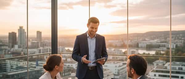 Financieel adviseur bespreekt een financieel plan met een stel in een modern Nederlands kantoor