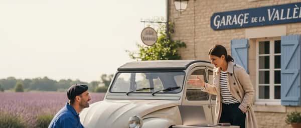 Female mechanic explaining an engine issue to a customer inside an American independent auto repair shop