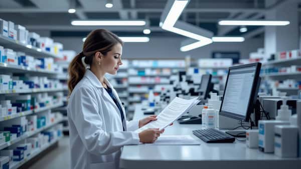 Apotektekniker i Trondheim gjennomgår tariffavtale ved ekspedisjonsdisken