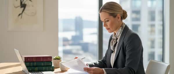 Norsk advokat gjennomgår juridiske dokumenter om arbeidsrett ved et moderne kontorpult i Oslo