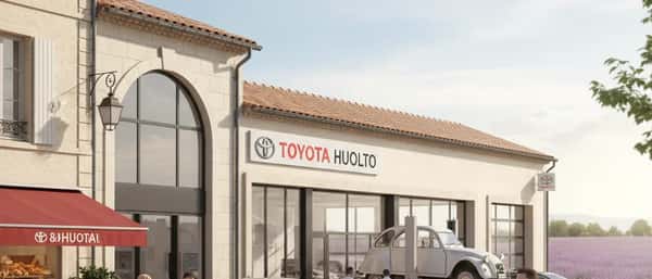 Suomalainen automekaanikko tutkii Toyota Corollan alustaa nosturilla autokorjaamossa diagnostiikkatabletin kanssa