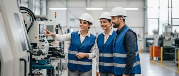 Ispettore della sicurezza sul lavoro con casco e giubbotto ad alta visibilità che controlla attrezzature in uno stabilimento industriale italiano