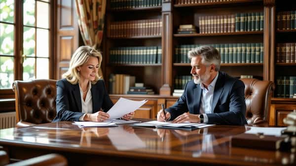 Conseillère en gestion de patrimoine et client examinant des documents de planification retraite dans un bureau à Bordeaux