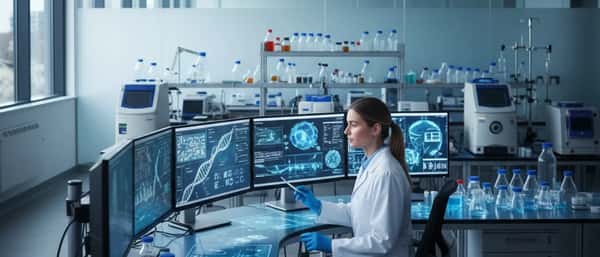 Laboratoire de recherche oncologique avec scientifique analysant des données de traitement du cancer sur écran lumineux bleu