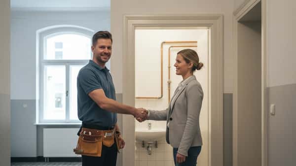 Installateur und Hauseigentümerin beim Handschlag an der Wohnungstür in Hamburg