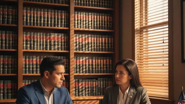 Hombre latino de 40 años con abogado en consulta legal en oficina de Los Ángeles, luz de tarde cálida