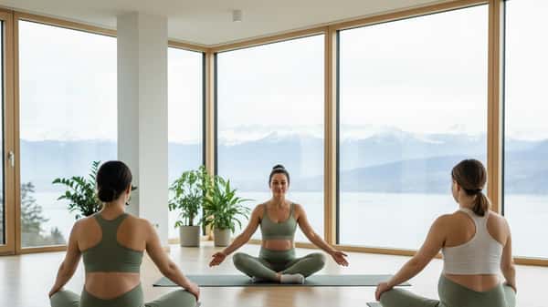 Groupe de femmes enceintes pratiquant le yoga prénatal avec une instructrice dans un studio lumineux à Lausanne