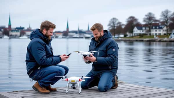Svensk man på träbrygga i Göteborg håller vit konsumentdrönare och kontrollerar smartphone, mulet morgonljus med stilla vatten och björkar i bakgrunden