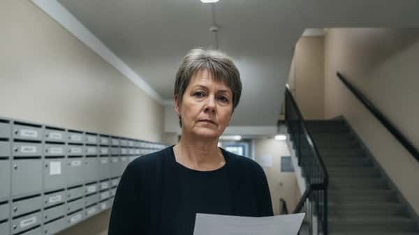 Suomalainen nainen pitää taloyhtiön kokouspöytäkirjaa kerrostalon aulassa Tampereella, ilmeessä huoli ja päättäväisyys