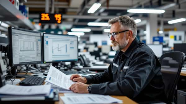 HR-ansvarig granskar Spårtrafikavtalet 2025–2027 vid skrivbord i järnvägsföretags kontor i Göteborg