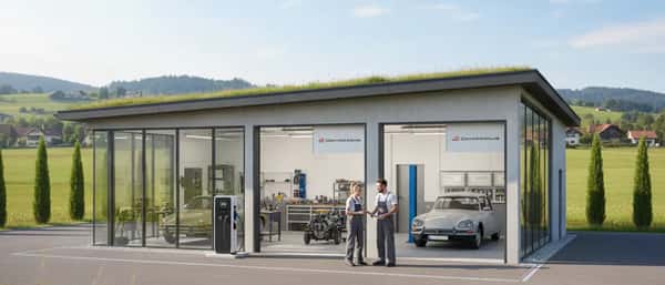 Kfz-Mechaniker inspiziert ein Fahrzeug auf einer Hebebühne in einer modernen deutschen Autowerkstatt
