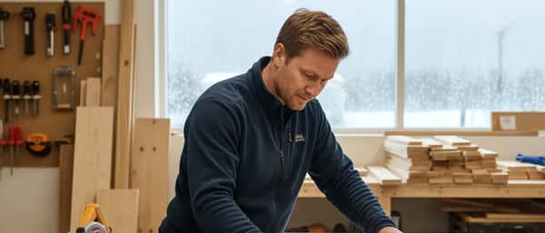 Snekker måler opp treverk på arbeidsbenk i et norsk verksted med dagslys