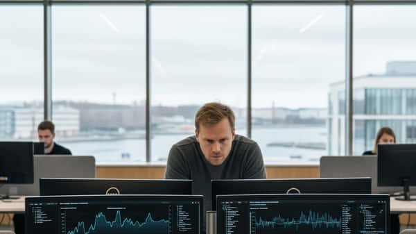 Suomalainen mies työskentelee tekoälyjärjestelmän kanssa modernissa helsinkiläisessä toimistossa