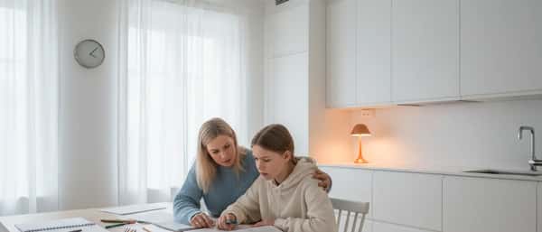 Svensk mamma hjälper sin tonårsdotter med matteläxor vid ett ljust köksbord i skandinavisk stil