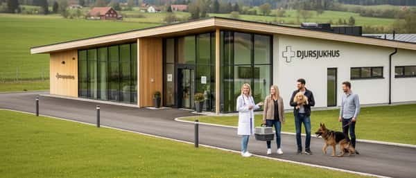 Veterinär undersöker en golden retriever på ett modernt svenskt djursjukhus med medicinsk utrustning i bakgrunden