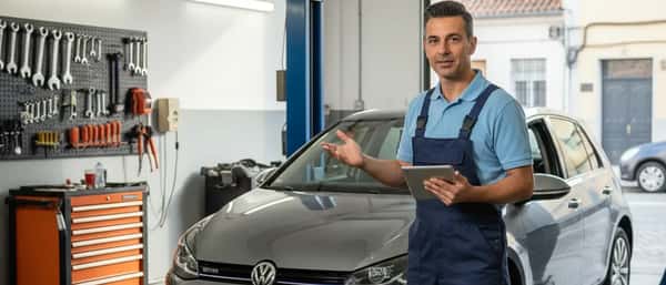 Mecânico português a analisar dados de diagnóstico junto a um carro elevado numa oficina em Lisboa