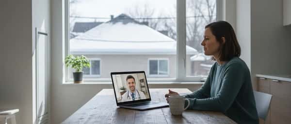 Femme québécoise consultant un médecin en ligne depuis sa cuisine, laptop ouvert avec vidéoconsultation, lumière hivernale