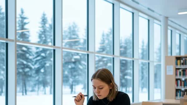 Suomalainen yliopisto-opiskelija lukee filosofian kirjoja vaaleapuisella pöydällä Helsingin yliopiston kirjastossa, talvinen päivänvalo ikkunasta
