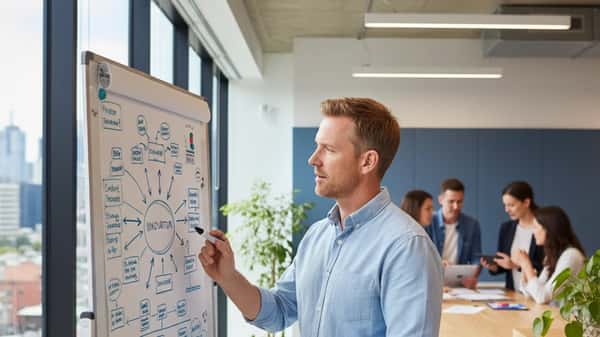 Australian professional reviewing innovation sketches on a whiteboard in a Melbourne co-working space