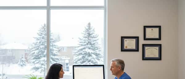 South Asian Canadian woman consulting with a family doctor at a modern clinic in suburban Ontario
