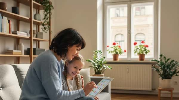 Österreichische Familie im Wiener Wohnzimmer, Mutter zeigt Tochter etwas auf einem Tablet-Bildschirm, entspannte familiäre Atmosphäre