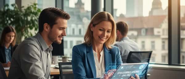 Frau am Schreibtisch mit Laptop und Steuerunterlagen bei der Online-Steuererklärung im Homeoffice