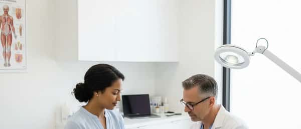 Dermatologist examining a patient in a modern US clinic exam room with dermoscope and adjustable lighting