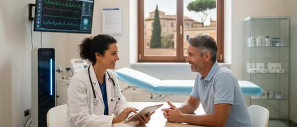 Dottoressa italiana in camice bianco durante una consultazione medica in una clinica moderna