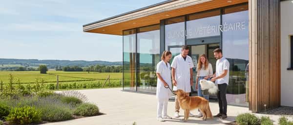 Veterinária portuguesa a examinar um golden retriever numa clínica moderna em Lisboa