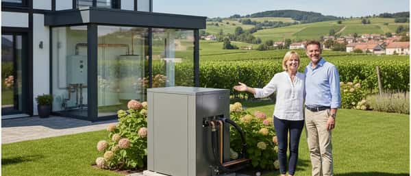Technicien qualifié installant une pompe à chaleur air-eau sur une maison française en pierre