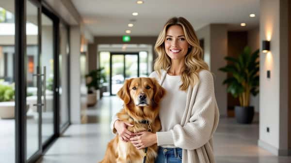 Femme française promenant son golden retriever en laisse dans le hall d'entrée d'un immeuble résidentiel à Lyon