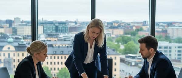 Svensk familjerättsadvokat i möte med klienter om vårdnadstvist på ett kontor i Stockholm