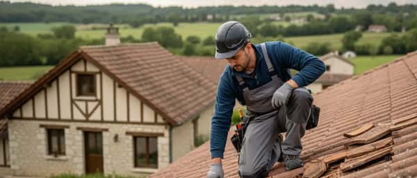Couvreur inspectant des tuiles endommagées par la grêle sur un toit résidentiel en France