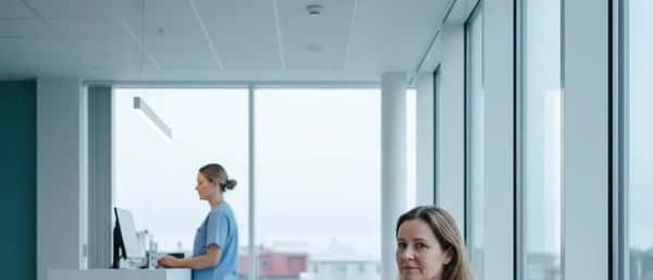 Biðstofa heilsugæslustöðvar í Reykjavík þar sem kona bíður eftir tíma hjá heimilislækni