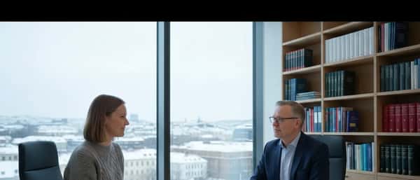 Nordisk kvinne i samtale med en advokat på et kontor i Oslo, juridiske dokumenter på bordet