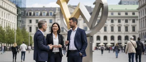 British solicitor reviewing legal documents with a client in a modern London law office