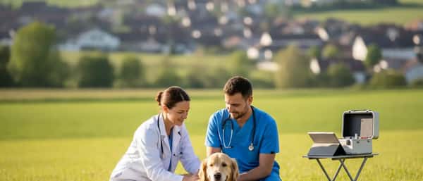 Dansk dyrlæge undersøger en golden retriever på et undersøgelsesbord i en moderne dyreklinik om aftenen