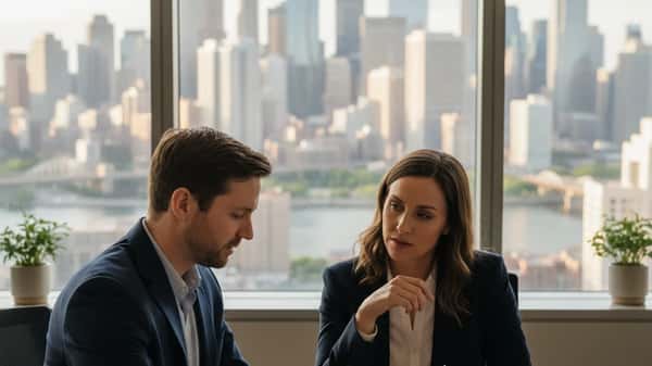 Financial advisor in a navy blazer discussing documents with a client at a modern office desk with city skyline in the background