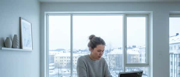 Nordisk kvinne undersøker en defekt bærbar datamaskin ved et spisebord i en lys Oslo-leilighet