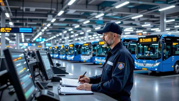Bussförare i Göteborg granskar körschema och lönedokument vid depåns expeditionsdisk under industriljus