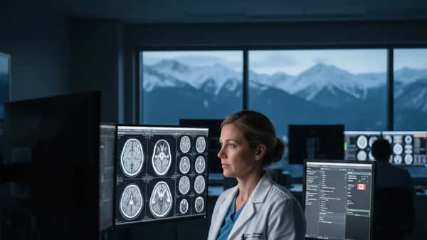 Radiologue analysant des images IRM sur écran de diagnostic dans la salle de lecture d'un hôpital canadien