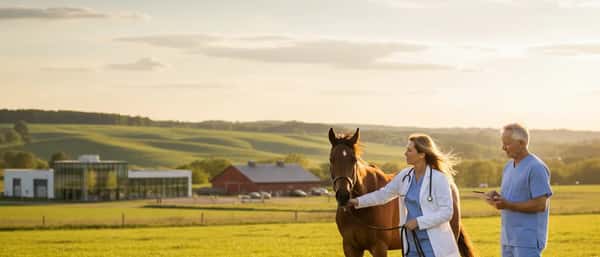 Tierärztin untersucht einen Golden Retriever in einer modernen Praxis in Österreich, Besitzerin schaut aufmerksam zu