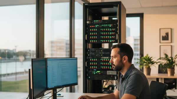 Especialista informático português a diagnosticar um servidor num escritório em Lisboa com monitores e equipamento de rede